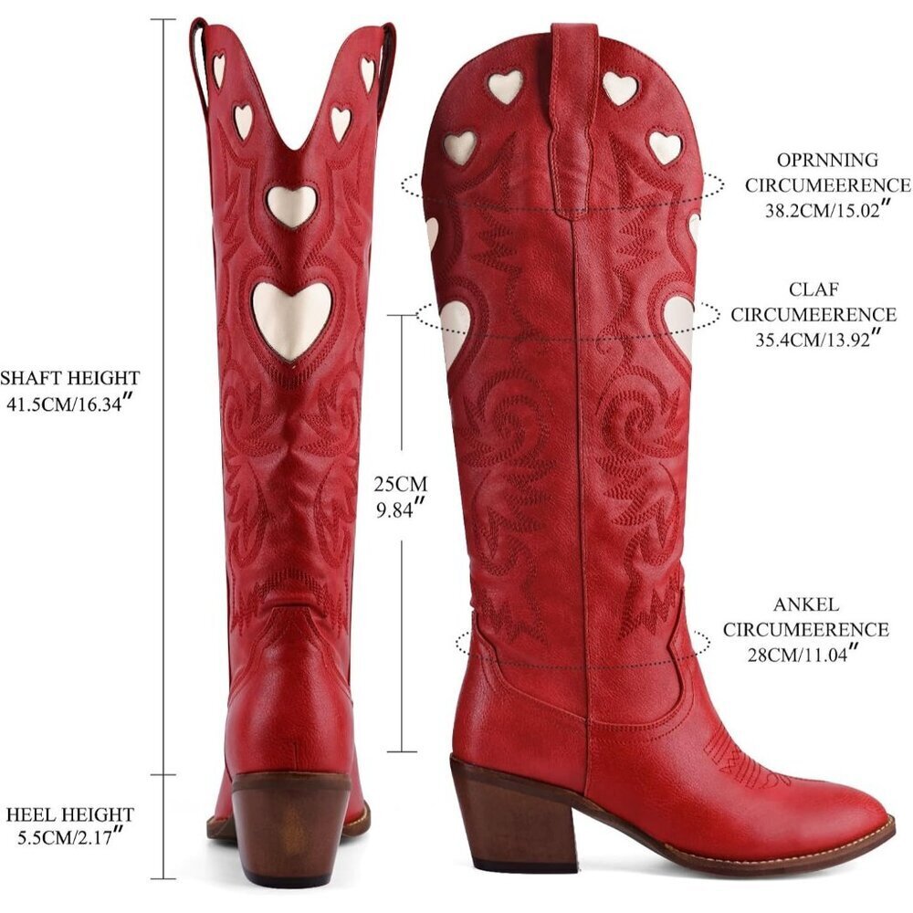 Women's Red Wide Calf Round Toe Chunky Stacked Heel Knee High Cowgirl Boot - Picture 6 of 9